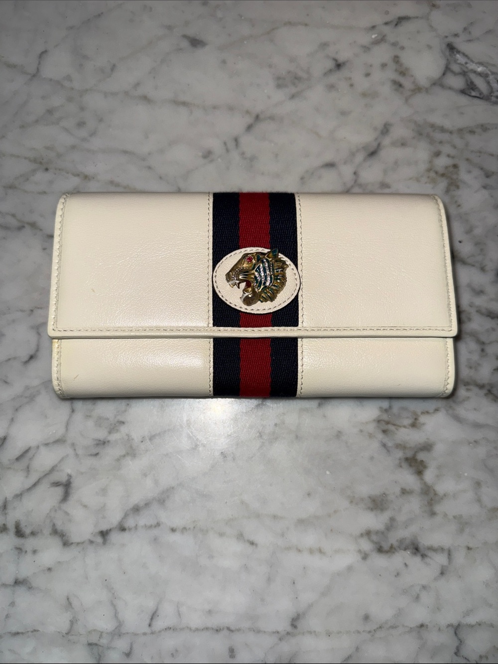 Gucci White Leather Wallet with Red and Blue Web Stripe and Tiger Emblem